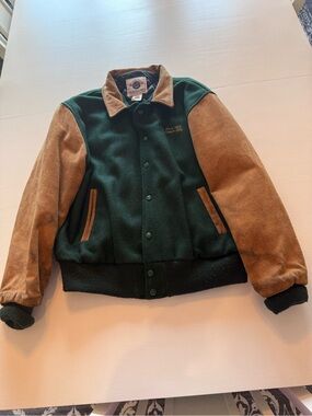 Hard Rock Cafe Green and Tan Varsity Bomber Jacket Vintage 90's